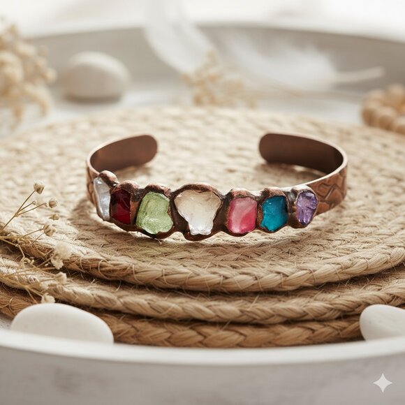 🆕️Bracelet with 7 Natural Gemstones Handcrafted Multi-Colored Crystal Rock Cuff - Picture 9 of 13